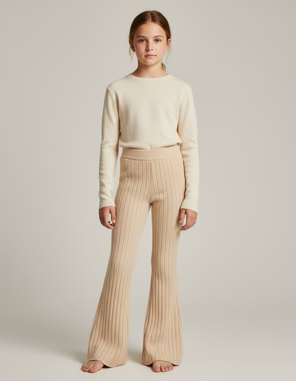 Pantalon Patte D'Éléphant Beige Tricot Côtelé Évasé Confortable - Maille
