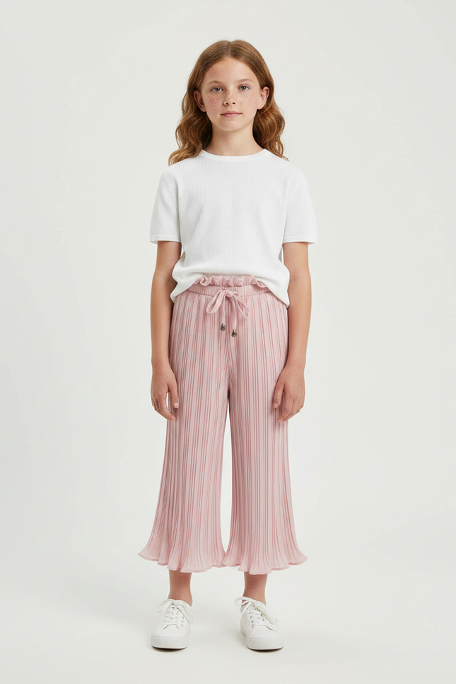 Pantalon Patte D'Éléphant Plissé Rose Enfant Taille Haute Fluide - Polyester