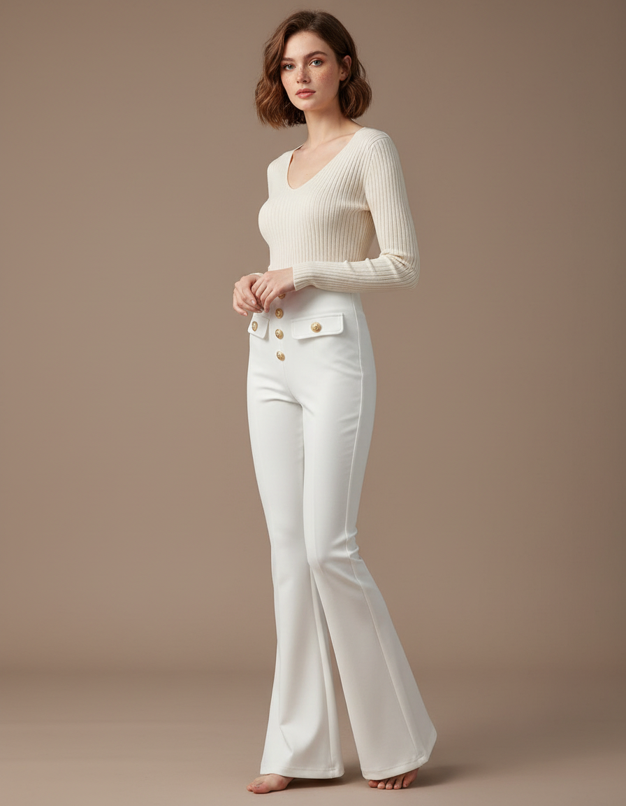 Pantalon Patte D'Éléphant Blanc Taille Haute Boutons Dorés Élégant Fluide - Polyester