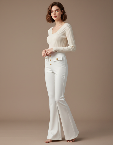 Pantalon Patte D'Éléphant Blanc Taille Haute Boutons Dorés Élégant Fluide - Polyester