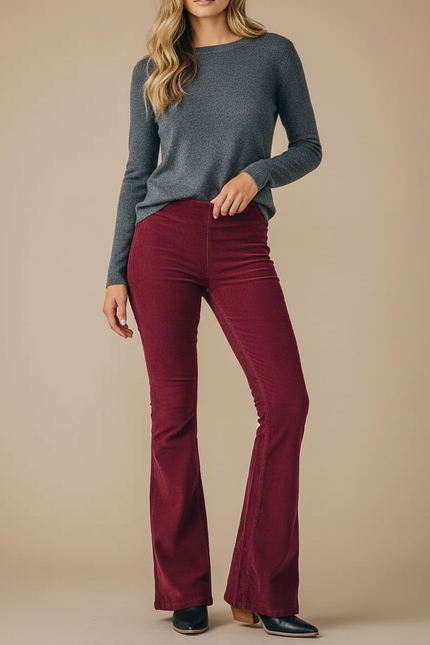 Pantalon Patte D'Éléphant Bordeaux Côtelé Évasé Taille Haute - Cordé