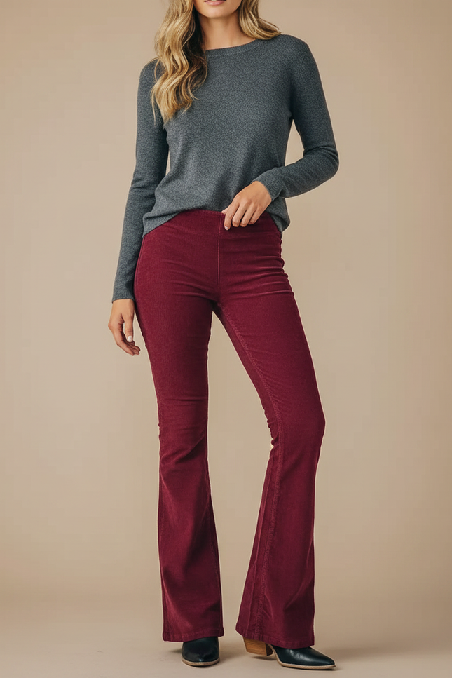Pantalon Patte D'Éléphant Bordeaux Côtelé Évasé Taille Haute - Cordé