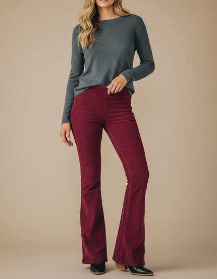 Pantalon Patte D'Éléphant Bordeaux Côtelé Évasé Taille Haute - Cordé