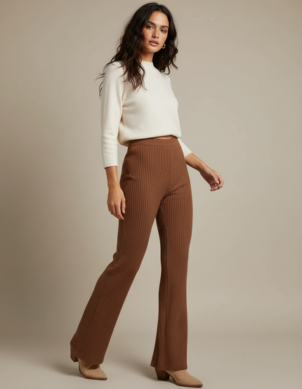 Pantalon Patte D'Éléphant Marron Côtelé Tricoté Confortable Femme - Maille