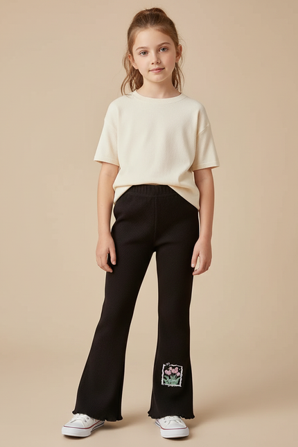Pantalon Patte D'Éléphant Noir Côtelé Évasé Fleuri Fille - Maille