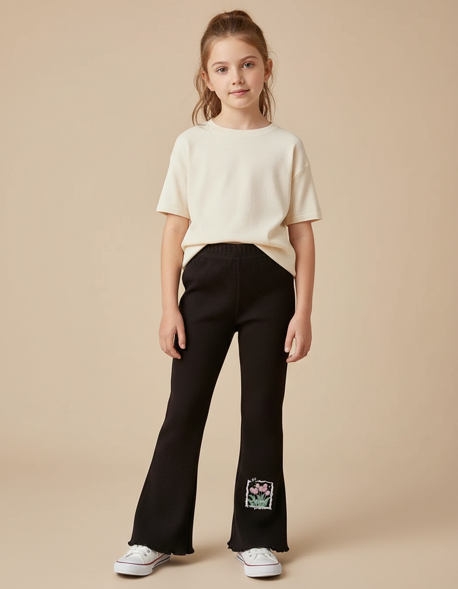 Pantalon Patte D'Éléphant Noir Côtelé Évasé Fleuri Fille - Maille