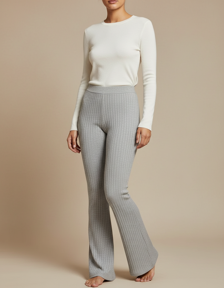 Pantalon Patte D'Éléphant Gris Côtelé Tricoté Slim Évasé - Maille