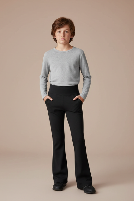 Pantalon Patte D'Éléphant Noir Uni Taille Haute Évasé - Maille