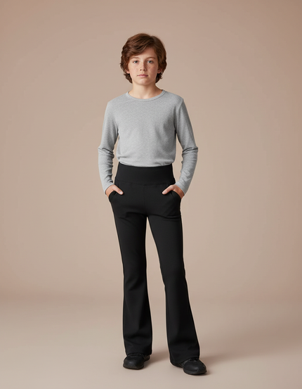 Pantalon Patte D'Éléphant Noir Uni Taille Haute Évasé - Maille