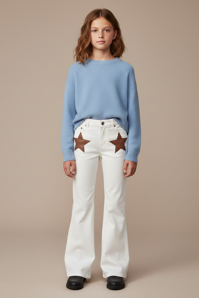 Pantalon Patte D'Éléphant Blanc Évasé Étoiles Marron Décontracté - Jean