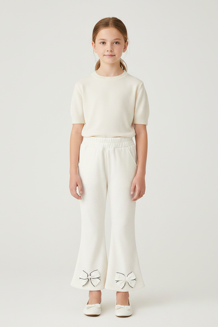 Pantalon Patte D'Éléphant Côtelé Beige Nœuds Fille - Cordé