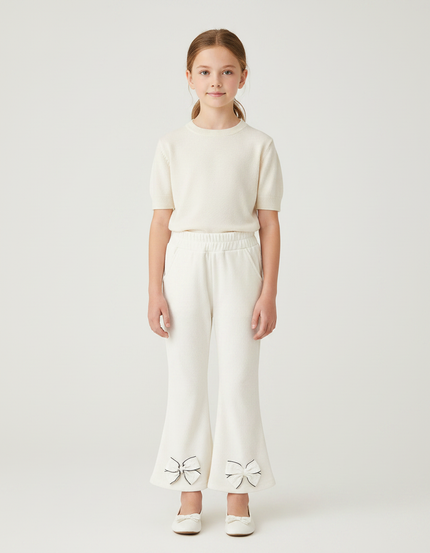 Pantalon Patte D'Éléphant Côtelé Beige Nœuds Fille - Cordé