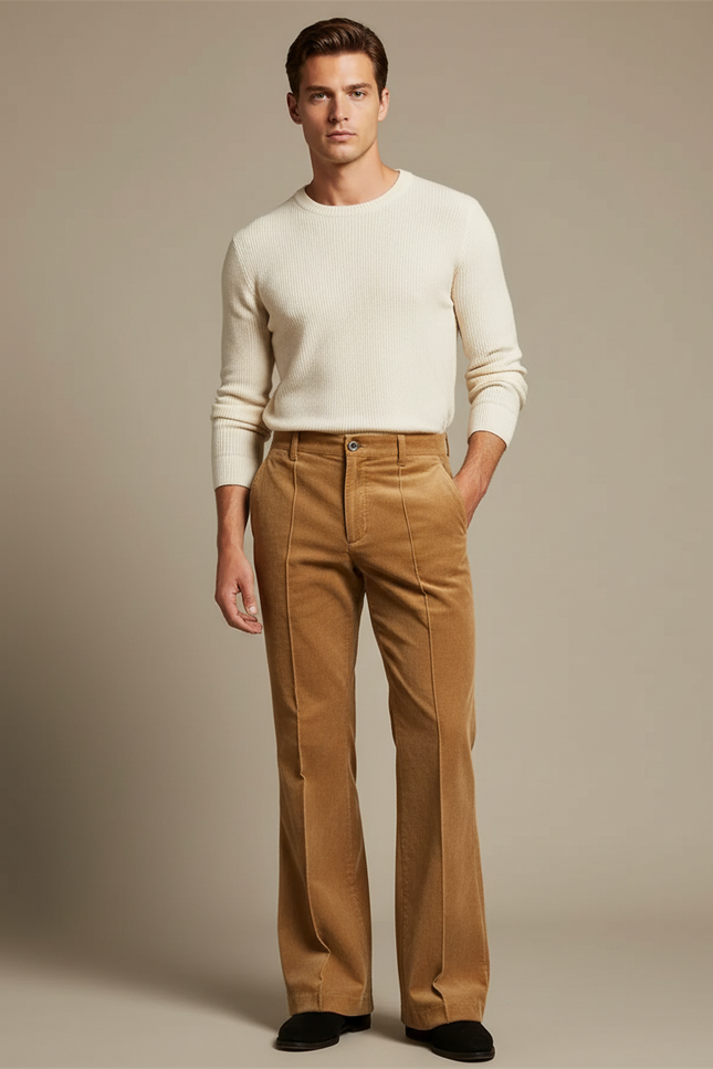 Pantalon Patte D'Éléphant Velours Côtelé Marron Taille Haute Homme - Camel Cordé