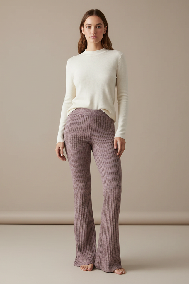Pantalon Patte D'Éléphant Côtelé Mauve Taille Haute Confortable - Violet Maille