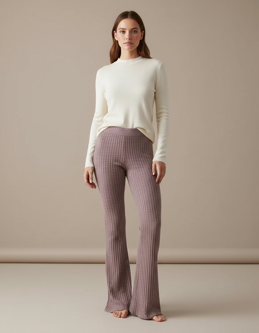 Pantalon Patte D'Éléphant Côtelé Mauve Taille Haute Confortable - Violet Maille