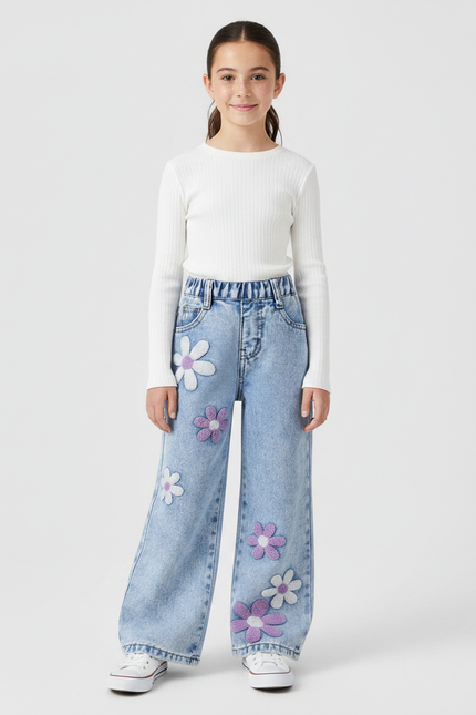 Pantalon Patte D'Éléphant Denim Fleuri Ample Enfant Décontracté - Bleu Jean