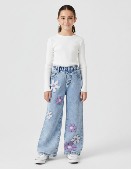 Pantalon Patte D'Éléphant Denim Fleuri Ample Enfant Décontracté - Bleu Jean