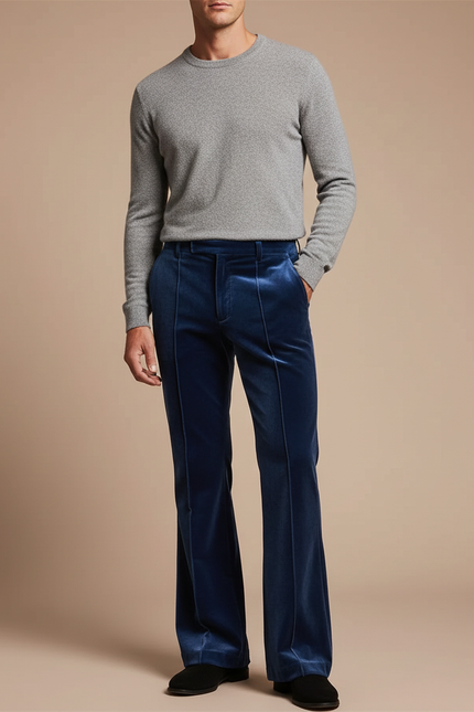 Pantalon Patte D'Éléphant Velours Bleu Évasé Homme Élégant