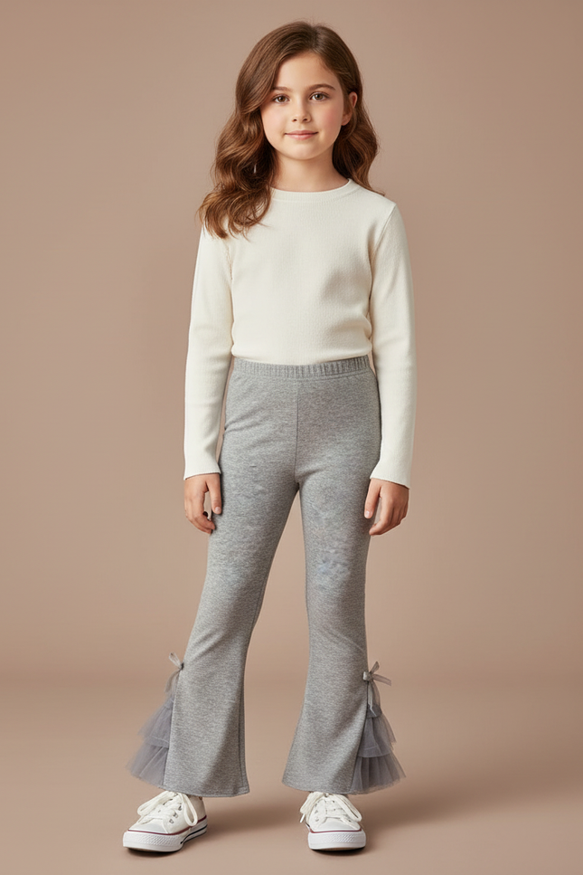 Pantalon Patte D'Éléphant Gris Nœuds Tulle Fille - Maille