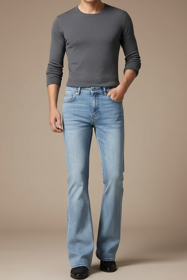 Pantalon Patte D'Éléphant Homme Denim Bleu Clair Évasé Stretch - Jean