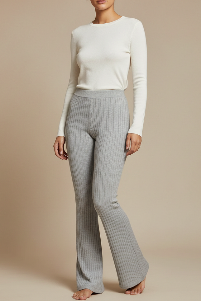 Pantalon Patte D'Éléphant Gris Côtelé Tricoté Slim Évasé - Maille
