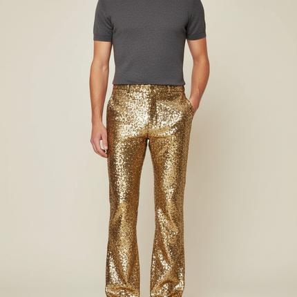 Pantalon Patte D'Éléphant Doré Pailleté Brillant Évasé Homme - Polyester