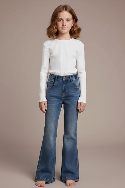 Pantalon Patte D'Éléphant Jean Bleu Évasé Taille Haute Fille