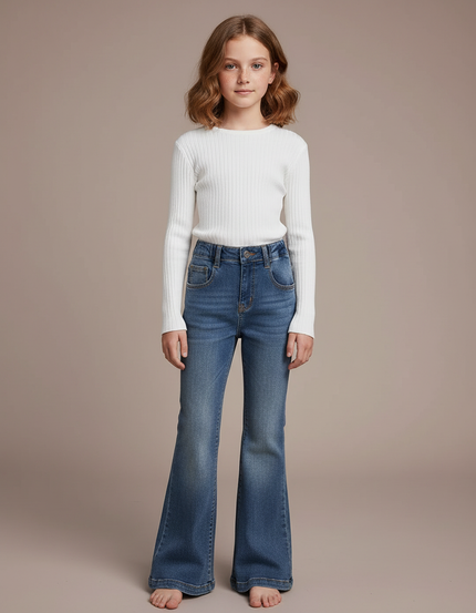 Pantalon Patte D'Éléphant Jean Bleu Évasé Taille Haute Fille