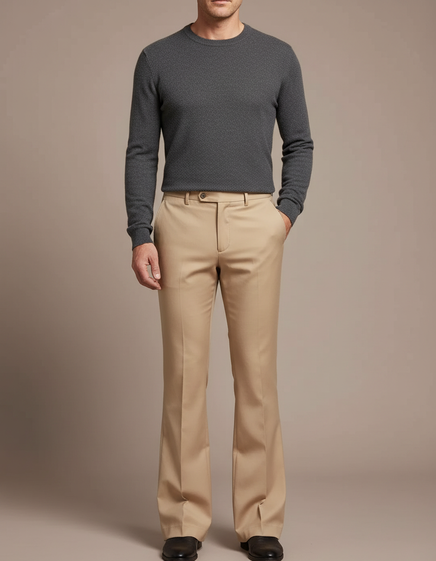 Pantalon Patte D'Éléphant Beige Homme Évasé Élégant Décontracté - Gabardine