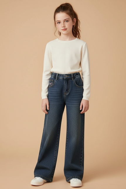 Pantalon Patte D'Éléphant Denim Large Nœud Élastique Fille - Marine Jean
