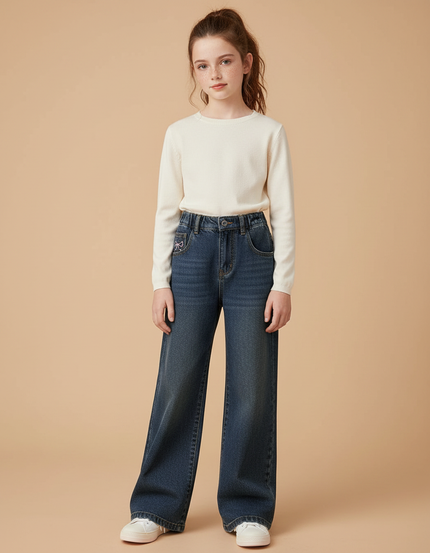 Pantalon Patte D'Éléphant Denim Large Nœud Élastique Fille - Marine Jean