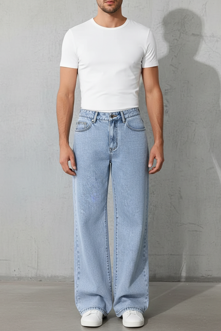 Pantalon Patte D'Éléphant Jean Bleu Clair Ample Décontracté Homme