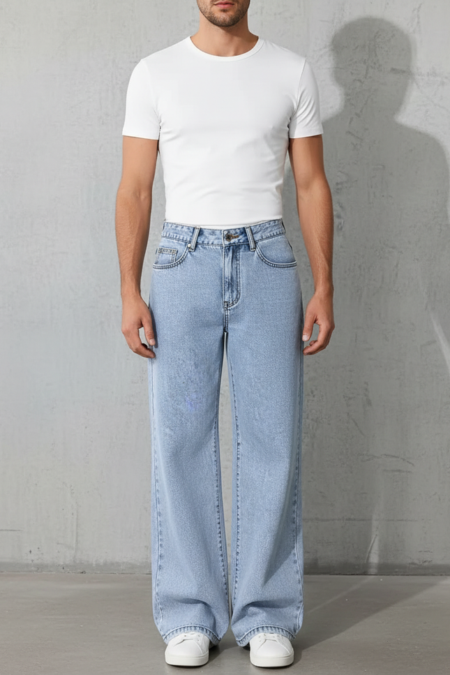Pantalon Patte D'Éléphant Jean Bleu Clair Ample Décontracté Homme