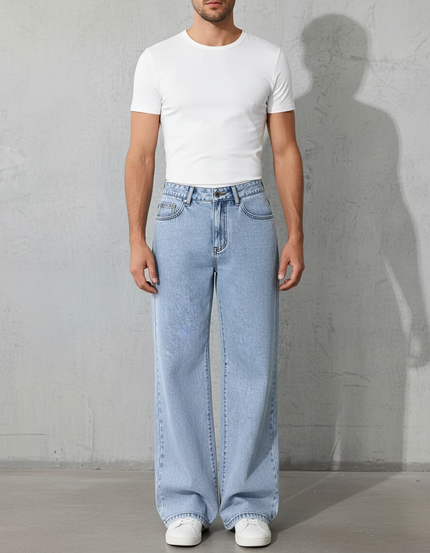 Pantalon Patte D'Éléphant Jean Bleu Clair Ample Décontracté Homme