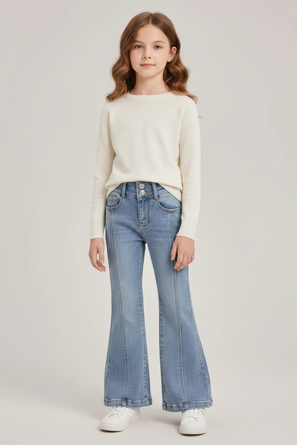 Pantalon Patte D'Éléphant Jean Bleu Fille Taille Haute
