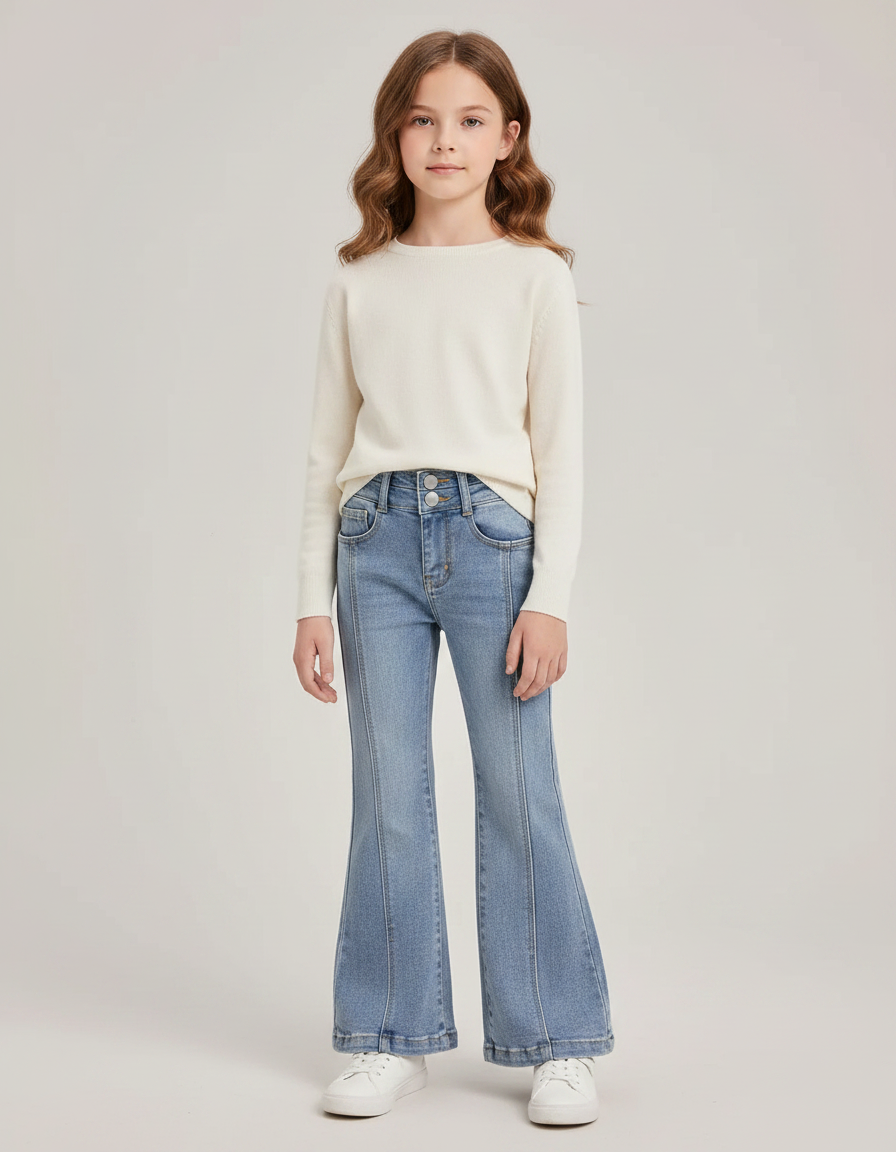 Pantalon Patte D'Éléphant Jean Bleu Fille Taille Haute