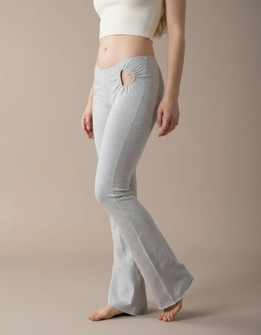 Pantalon Patte D'Éléphant Gris Cœur Évidé Confortable Stretch - Molleton
