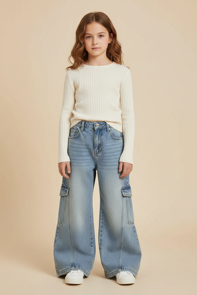 Pantalon Patte D'Éléphant Large Cargo Denim Bleu Enfant - Jean