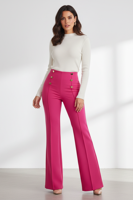 Pantalon Patte D'Éléphant Fuschia Taille Haute Boutons Dorés - Rose Polyester