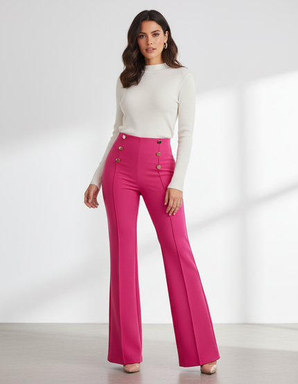 Pantalon Patte D'Éléphant Fuschia Taille Haute Boutons Dorés - Rose Polyester