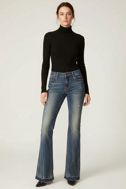 Pantalon Patte D'Éléphant Jean Bleu Délavé Vintage Évasé