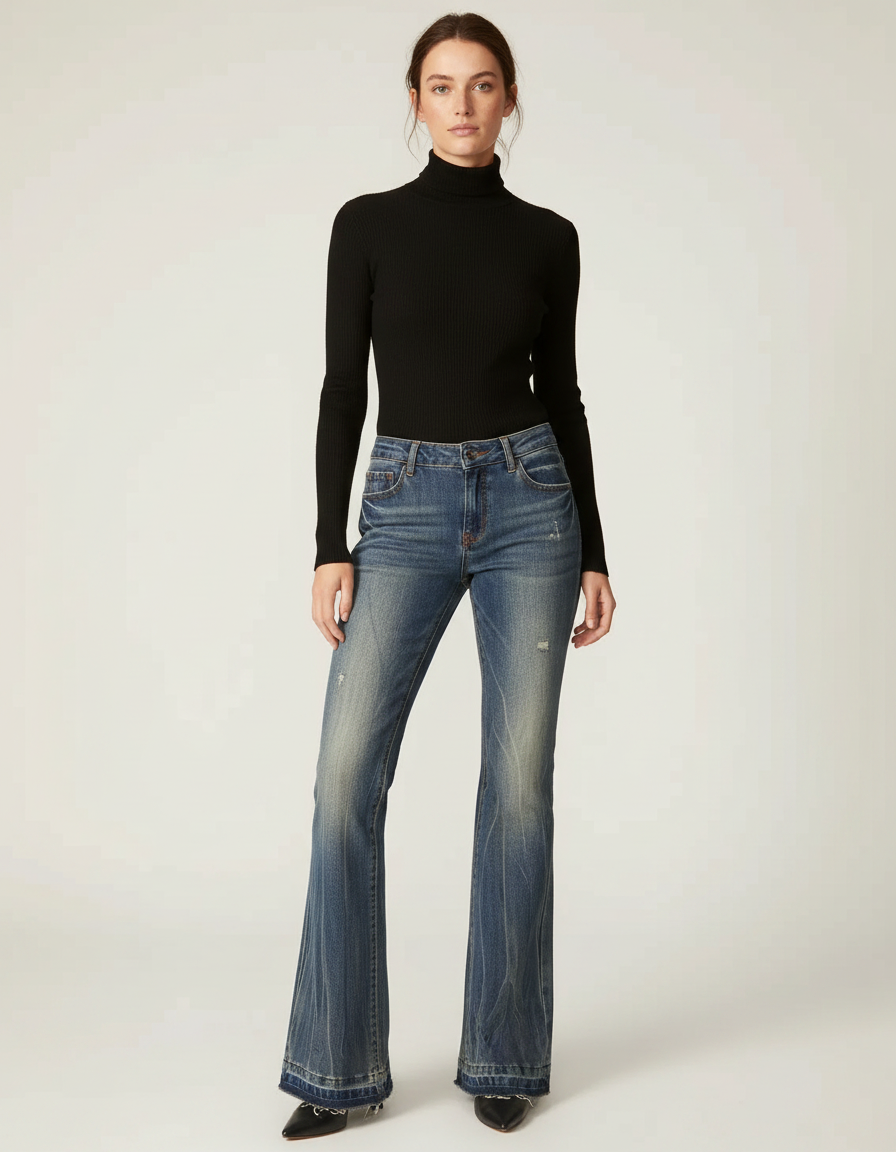 Pantalon Patte D'Éléphant Jean Bleu Délavé Vintage Évasé