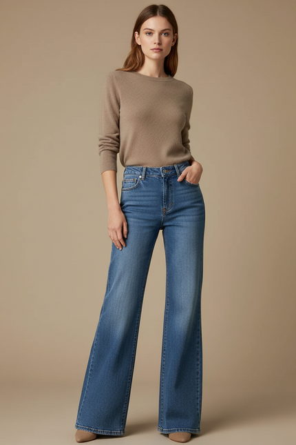Pantalon Patte D'Éléphant Jean Bleu Taille Haute Évasé
