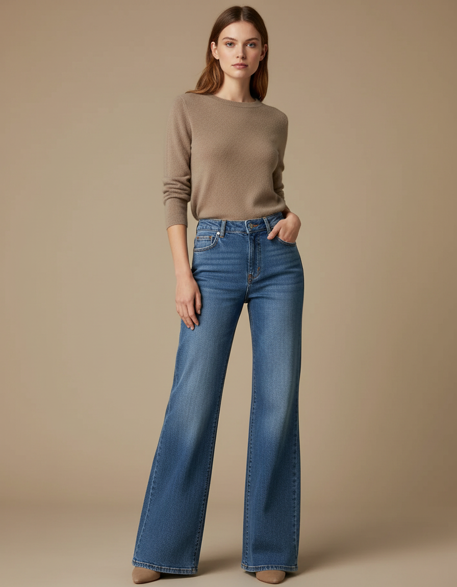 Pantalon Patte D'Éléphant Jean Bleu Taille Haute Évasé