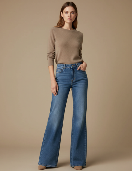 Pantalon Patte D'Éléphant Jean Bleu Taille Haute Évasé
