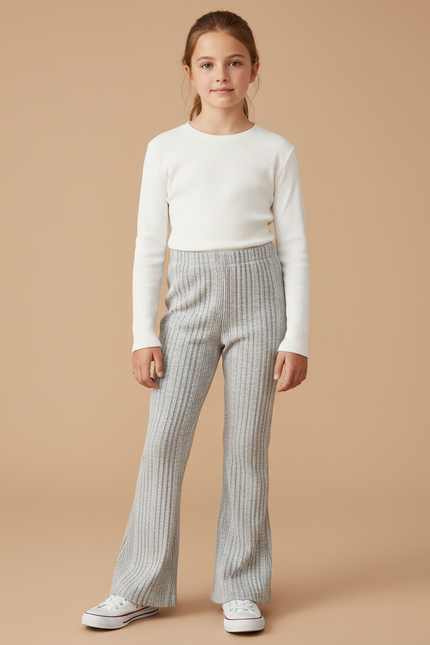 Pantalon Patte D'Éléphant Gris Côtelé Tricoté Confortable Fille - Maille