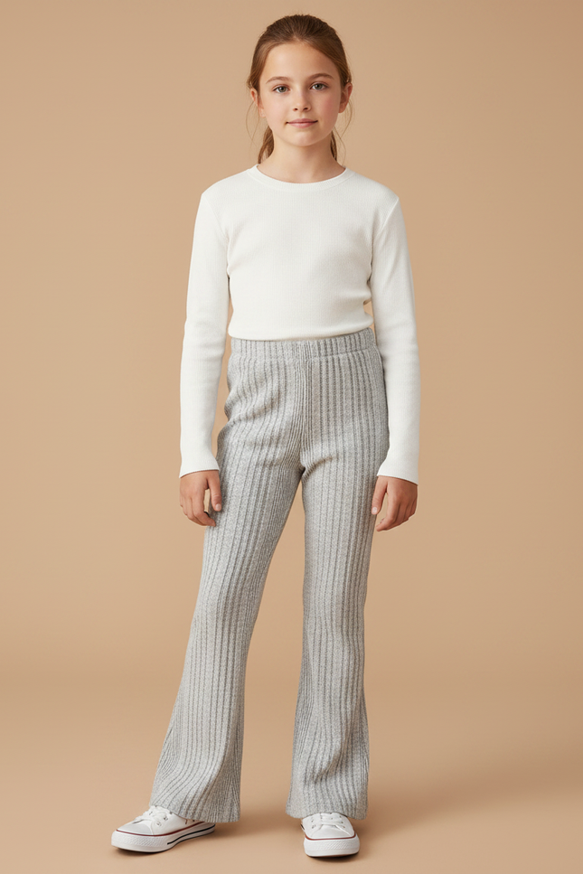 Pantalon Patte D'Éléphant Gris Côtelé Tricoté Confortable Fille - Maille