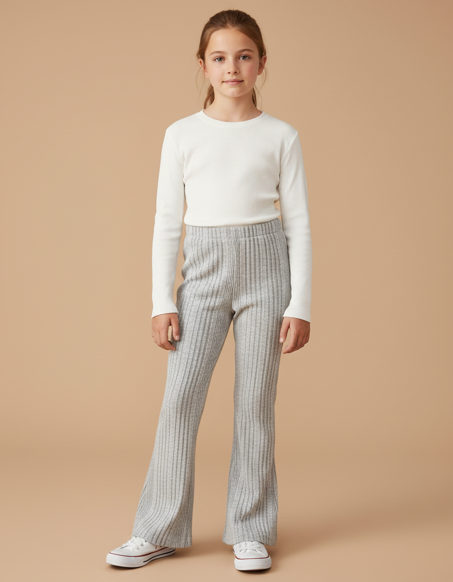 Pantalon Patte D'Éléphant Gris Côtelé Tricoté Confortable Fille - Maille