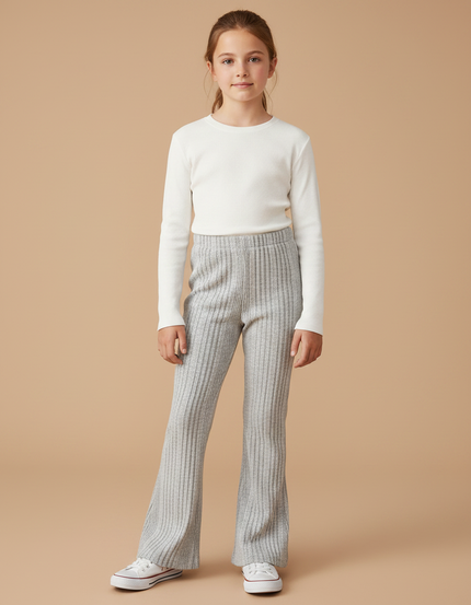 Pantalon Patte D'Éléphant Gris Côtelé Tricoté Confortable Fille - Maille