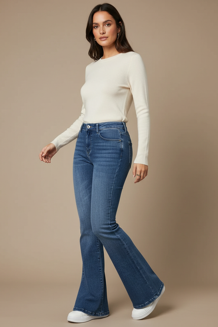 Pantalon Patte D'Éléphant Bleu Denim Taille Haute Stretch - Jean